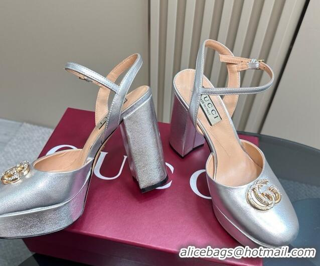 Top Design Gucci Calfskin Platform Pump with Double G 817258 Silver