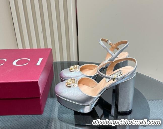 Top Design Gucci Calfskin Platform Pump with Double G 817258 Silver