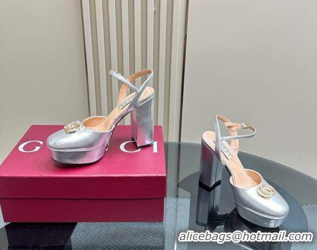 Top Design Gucci Calfskin Platform Pump with Double G 817258 Silver