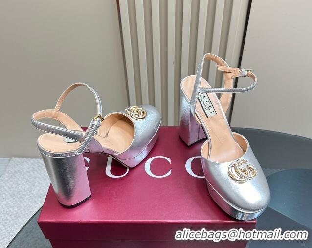 Top Design Gucci Calfskin Platform Pump with Double G 817258 Silver