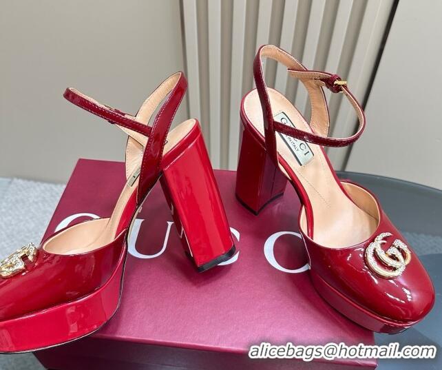 Hot Style Gucci Patent Leather Platform Pump with Double G 817258 Deep Red 2025