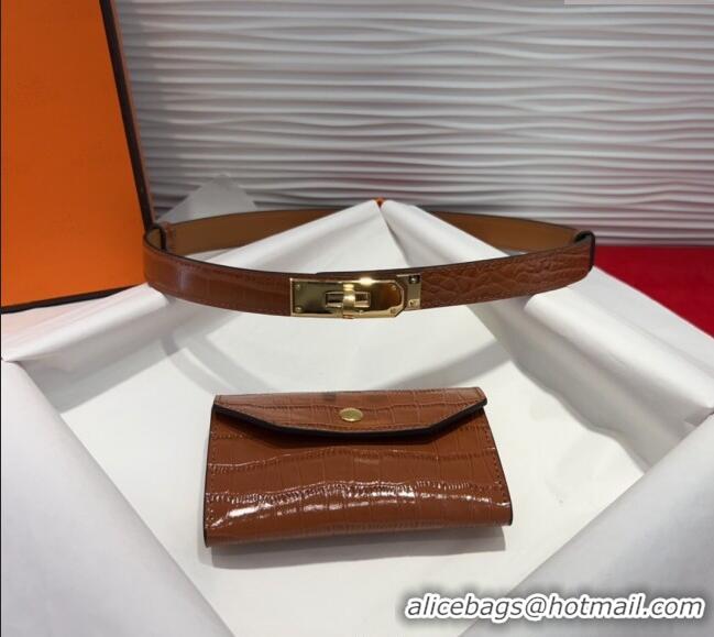 Inexpensive Hermes Kelly Pocket 18 Pouch Belt 1.8cm with Gold Hardware in Crocodile Leather 8210 Brown 2025