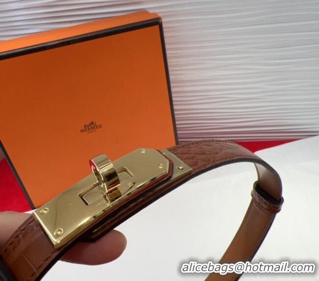 Inexpensive Hermes Kelly Pocket 18 Pouch Belt 1.8cm with Gold Hardware in Crocodile Leather 8210 Brown 2025