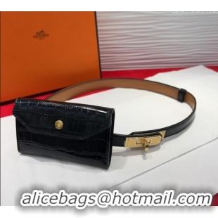 Spot Bulk Hermes Kelly Pocket 18 Pouch Belt 1.8cm with Gold Hardware in Crocodile Leather 8210 Black 2025
