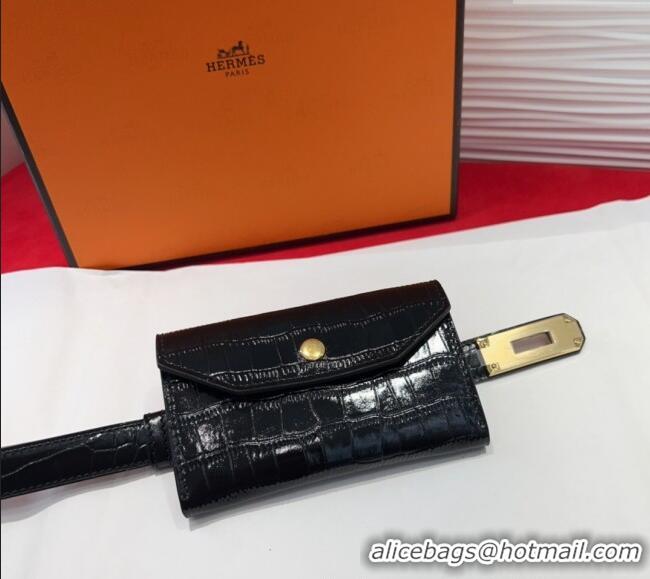 Spot Bulk Hermes Kelly Pocket 18 Pouch Belt 1.8cm with Gold Hardware in Crocodile Leather 8210 Black 2025