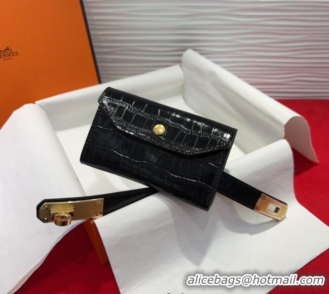Spot Bulk Hermes Kelly Pocket 18 Pouch Belt 1.8cm with Gold Hardware in Crocodile Leather 8210 Black 2025