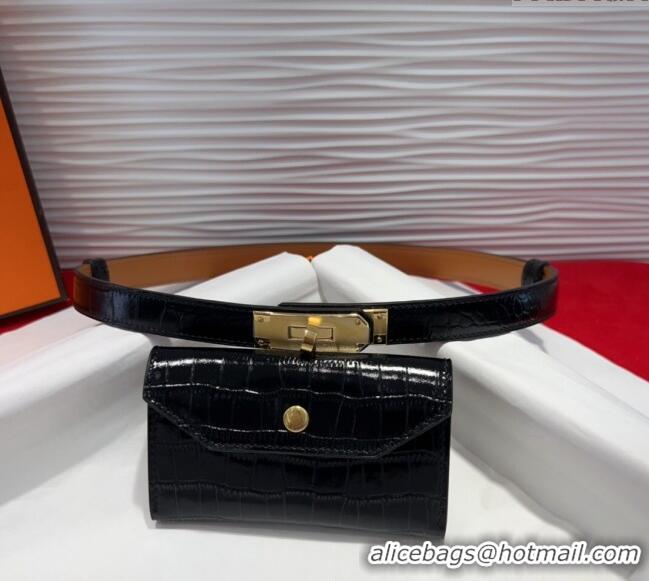 Spot Bulk Hermes Kelly Pocket 18 Pouch Belt 1.8cm with Gold Hardware in Crocodile Leather 8210 Black 2025
