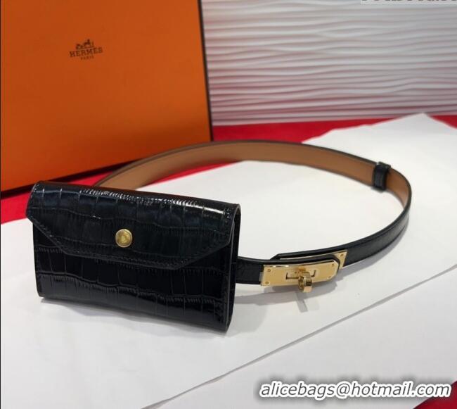 Spot Bulk Hermes Kelly Pocket 18 Pouch Belt 1.8cm with Gold Hardware in Crocodile Leather 8210 Black 2025