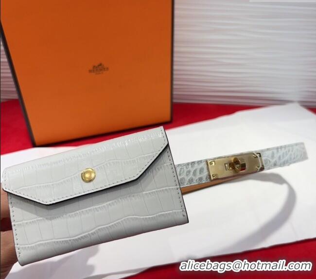 Top Design Hermes Kelly Pocket 18 Pouch Belt 1.8cm with Gold Hardware in Crocodile Leather 8210 White 2025
