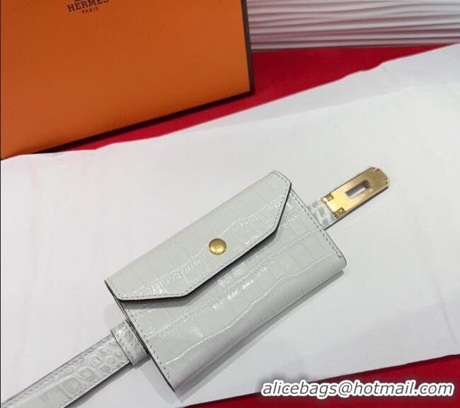Top Design Hermes Kelly Pocket 18 Pouch Belt 1.8cm with Gold Hardware in Crocodile Leather 8210 White 2025