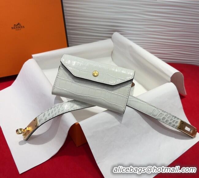 Top Design Hermes Kelly Pocket 18 Pouch Belt 1.8cm with Gold Hardware in Crocodile Leather 8210 White 2025