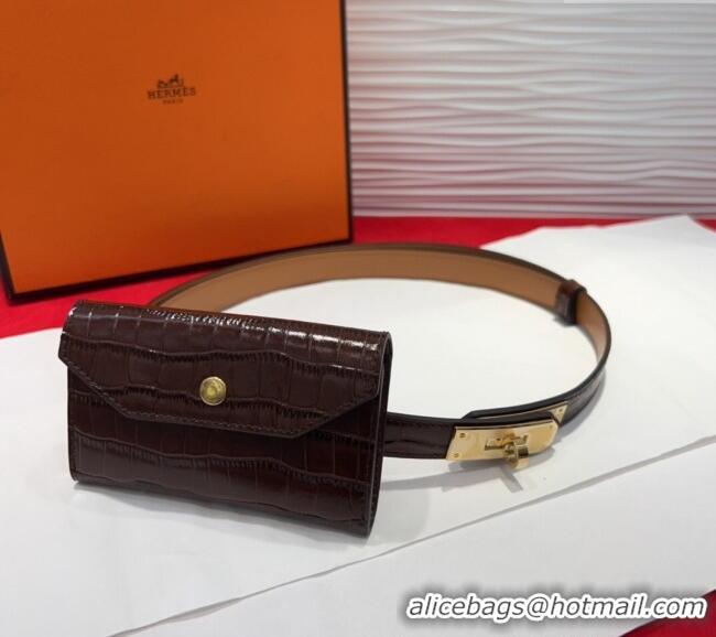 Well Crafted Hermes Kelly Pocket 18 Pouch Belt 1.8cm with Gold Hardware in Crocodile Leather 8210 Dark Brown 2025