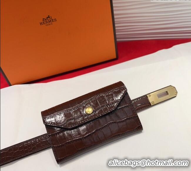 Well Crafted Hermes Kelly Pocket 18 Pouch Belt 1.8cm with Gold Hardware in Crocodile Leather 8210 Dark Brown 2025
