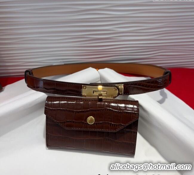 Well Crafted Hermes Kelly Pocket 18 Pouch Belt 1.8cm with Gold Hardware in Crocodile Leather 8210 Dark Brown 2025