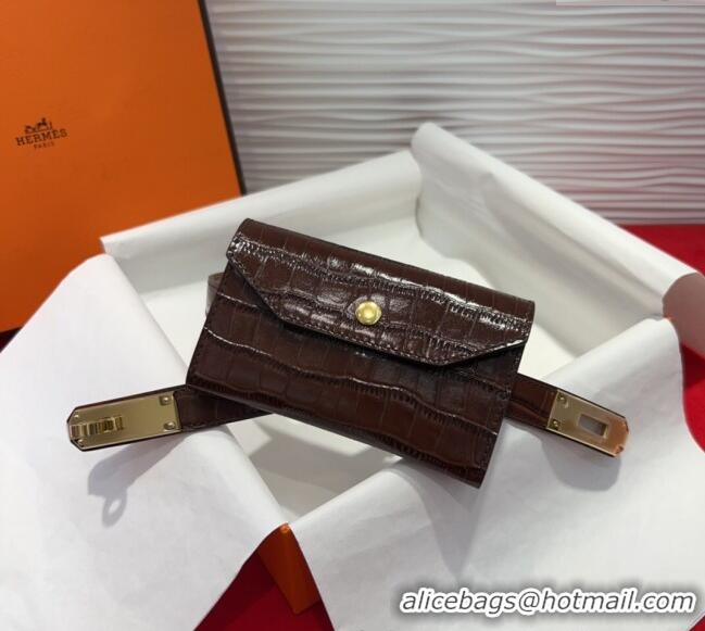 Well Crafted Hermes Kelly Pocket 18 Pouch Belt 1.8cm with Gold Hardware in Crocodile Leather 8210 Dark Brown 2025