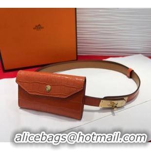 Top Quality Hermes Kelly Pocket 18 Pouch Belt 1.8cm with Gold Hardware in Crocodile Leather 8210 Orange 2025