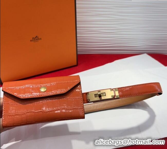 Top Quality Hermes Kelly Pocket 18 Pouch Belt 1.8cm with Gold Hardware in Crocodile Leather 8210 Orange 2025