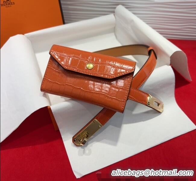 Top Quality Hermes Kelly Pocket 18 Pouch Belt 1.8cm with Gold Hardware in Crocodile Leather 8210 Orange 2025