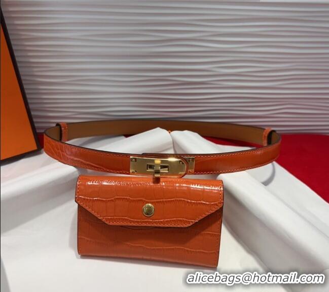 Top Quality Hermes Kelly Pocket 18 Pouch Belt 1.8cm with Gold Hardware in Crocodile Leather 8210 Orange 2025