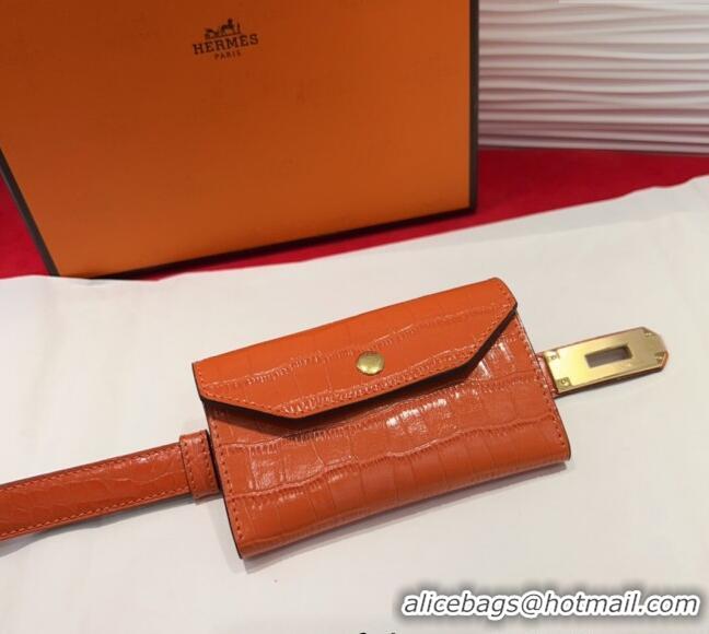 Top Quality Hermes Kelly Pocket 18 Pouch Belt 1.8cm with Gold Hardware in Crocodile Leather 8210 Orange 2025
