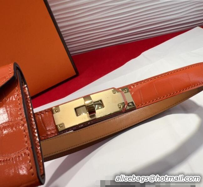 Top Quality Hermes Kelly Pocket 18 Pouch Belt 1.8cm with Gold Hardware in Crocodile Leather 8210 Orange 2025
