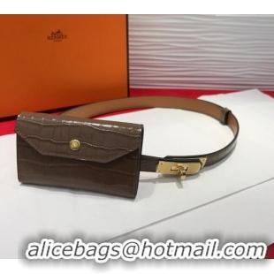 Best Quality Hermes Kelly Pocket 18 Pouch Belt 1.8cm with Gold Hardware in Crocodile Leather 8210 Grey 2025