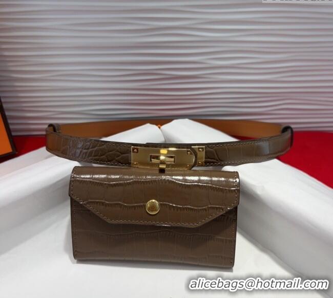 Best Quality Hermes Kelly Pocket 18 Pouch Belt 1.8cm with Gold Hardware in Crocodile Leather 8210 Grey 2025