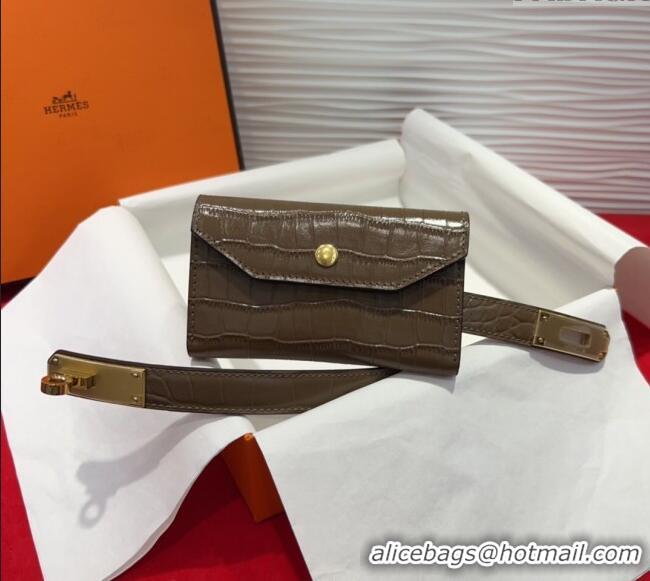 Best Quality Hermes Kelly Pocket 18 Pouch Belt 1.8cm with Gold Hardware in Crocodile Leather 8210 Grey 2025