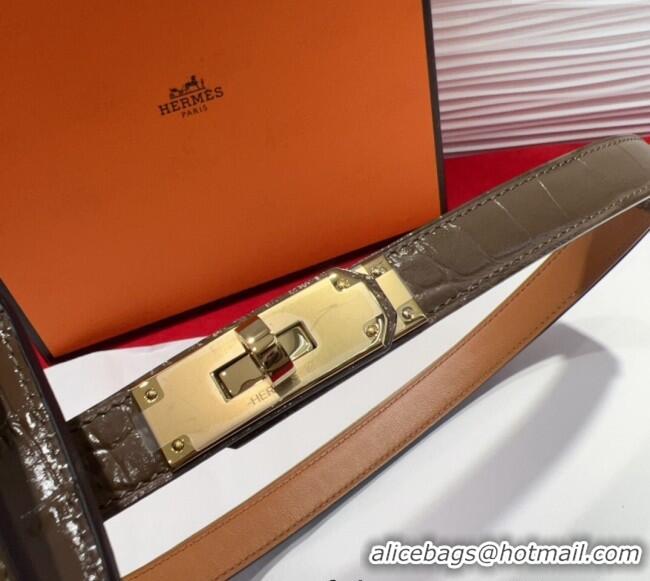 Best Quality Hermes Kelly Pocket 18 Pouch Belt 1.8cm with Gold Hardware in Crocodile Leather 8210 Grey 2025