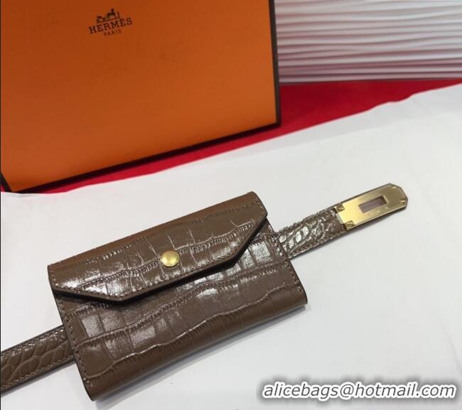 Best Quality Hermes Kelly Pocket 18 Pouch Belt 1.8cm with Gold Hardware in Crocodile Leather 8210 Grey 2025
