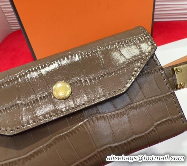 Best Quality Hermes Kelly Pocket 18 Pouch Belt 1.8cm with Gold Hardware in Crocodile Leather 8210 Grey 2025
