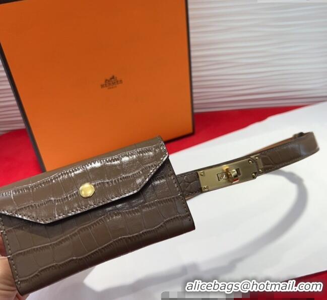 Best Quality Hermes Kelly Pocket 18 Pouch Belt 1.8cm with Gold Hardware in Crocodile Leather 8210 Grey 2025