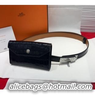Promotional Hermes Kelly Pocket 18 Pouch Belt 1.8cm with Silver Hardware in Crocodile Leather 8211 Black 2025