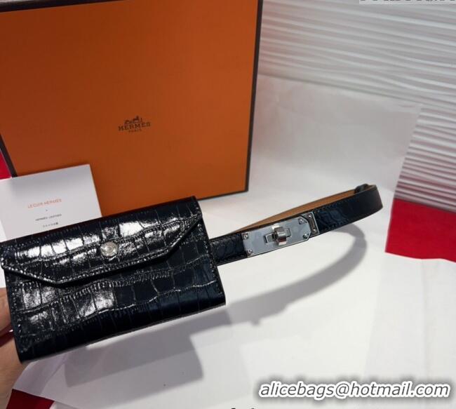 Promotional Hermes Kelly Pocket 18 Pouch Belt 1.8cm with Silver Hardware in Crocodile Leather 8211 Black 2025