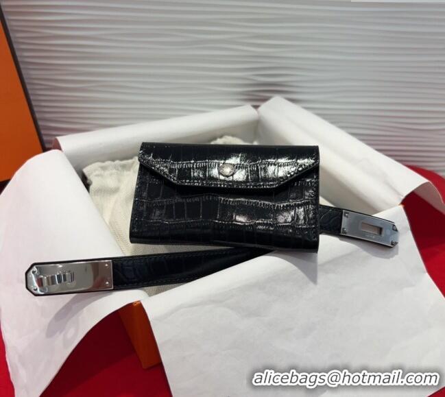 Promotional Hermes Kelly Pocket 18 Pouch Belt 1.8cm with Silver Hardware in Crocodile Leather 8211 Black 2025