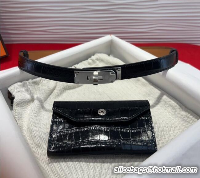 Promotional Hermes Kelly Pocket 18 Pouch Belt 1.8cm with Silver Hardware in Crocodile Leather 8211 Black 2025