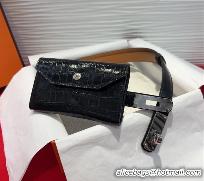 Promotional Hermes Kelly Pocket 18 Pouch Belt 1.8cm with Silver Hardware in Crocodile Leather 8211 Black 2025