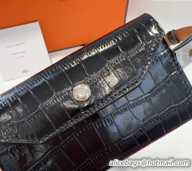 Promotional Hermes Kelly Pocket 18 Pouch Belt 1.8cm with Silver Hardware in Crocodile Leather 8211 Black 2025