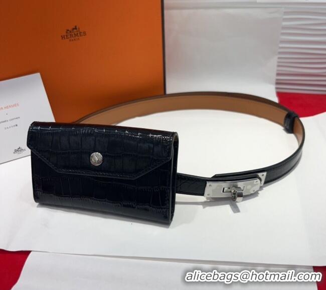 Promotional Hermes Kelly Pocket 18 Pouch Belt 1.8cm with Silver Hardware in Crocodile Leather 8211 Black 2025