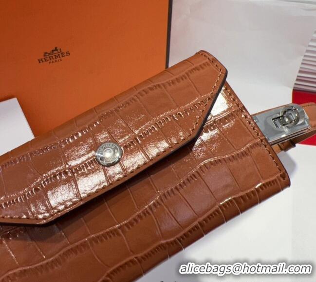 Well Crafted Hermes Kelly Pocket 18 Pouch Belt 1.8cm with Silver Hardware in Crocodile Leather 8211 Brown 2025