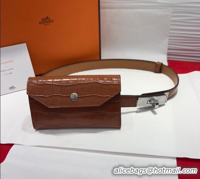 Well Crafted Hermes Kelly Pocket 18 Pouch Belt 1.8cm with Silver Hardware in Crocodile Leather 8211 Brown 2025
