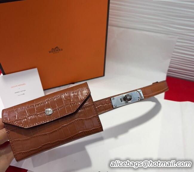 Well Crafted Hermes Kelly Pocket 18 Pouch Belt 1.8cm with Silver Hardware in Crocodile Leather 8211 Brown 2025
