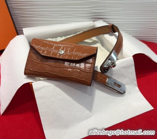 Well Crafted Hermes Kelly Pocket 18 Pouch Belt 1.8cm with Silver Hardware in Crocodile Leather 8211 Brown 2025