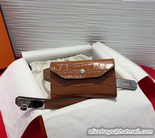 Well Crafted Hermes Kelly Pocket 18 Pouch Belt 1.8cm with Silver Hardware in Crocodile Leather 8211 Brown 2025