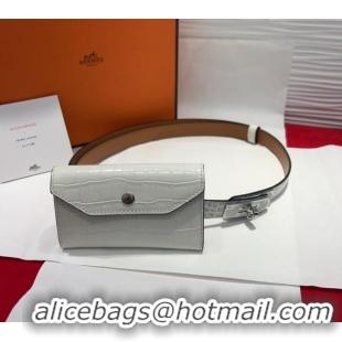Super Quality Hermes Kelly Pocket 18 Pouch Belt 1.8cm with Silver Hardware in Crocodile Leather 8211 White 2025