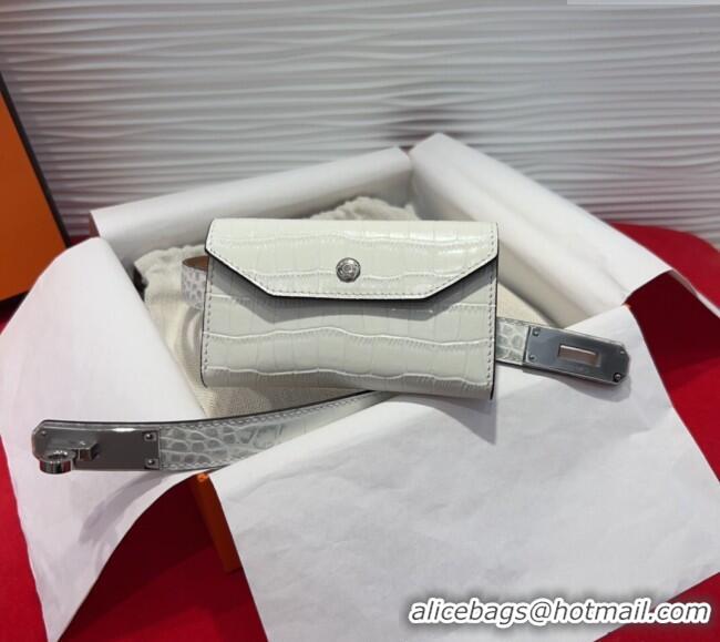 Super Quality Hermes Kelly Pocket 18 Pouch Belt 1.8cm with Silver Hardware in Crocodile Leather 8211 White 2025