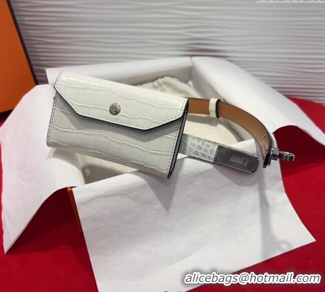 Super Quality Hermes Kelly Pocket 18 Pouch Belt 1.8cm with Silver Hardware in Crocodile Leather 8211 White 2025