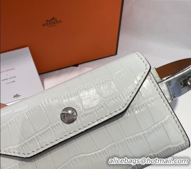 Super Quality Hermes Kelly Pocket 18 Pouch Belt 1.8cm with Silver Hardware in Crocodile Leather 8211 White 2025