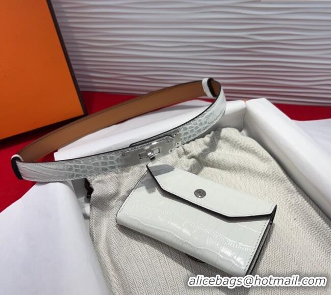 Super Quality Hermes Kelly Pocket 18 Pouch Belt 1.8cm with Silver Hardware in Crocodile Leather 8211 White 2025