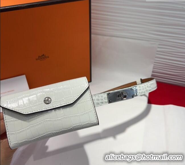 Super Quality Hermes Kelly Pocket 18 Pouch Belt 1.8cm with Silver Hardware in Crocodile Leather 8211 White 2025